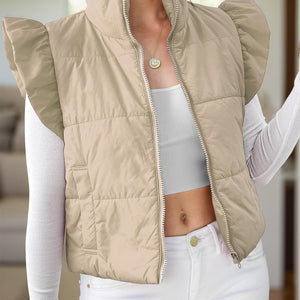 Pocketed Zip Up Cap Sleeve Jacket