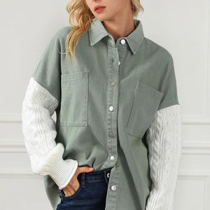 Raw Hem Collared Neck Button Up Long Sleeve Jacket