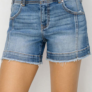 RISEN High Rise Seam Detailed Raw Edge Denim Shorts