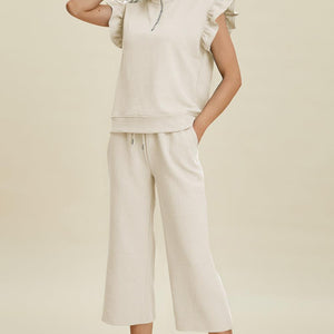 Double Take Full Size Texture Ruffle Short Sleeve Top and Wide Leg Pants Set