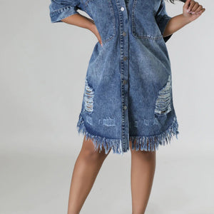 Distressed Raw Hem Button Up Denim Dress