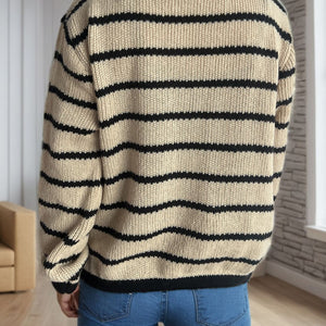 Striped Round Neck Long Sleeve Cardigan