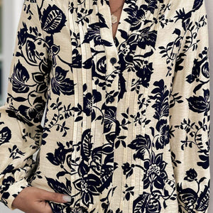 Perfee Printed Notched Long Sleeve Shirt