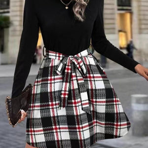 Tied Plaid Round Neck Long Sleeve Dress