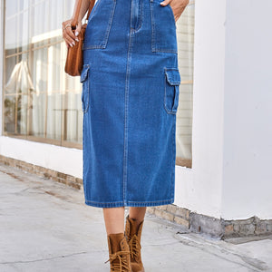 Slit Midi Denim Skirt with Pockets