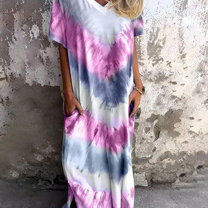 Full Size Pocketed Tie-Dye Short Sleeve Dress