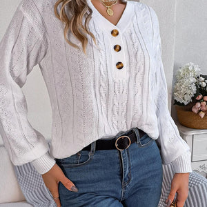 Cable-Knit V-Neck Long Sleeve Sweater