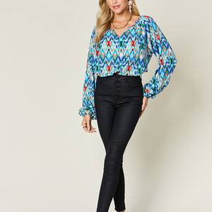 Double Take Full Size Printed Balloon Sleeve Blouse