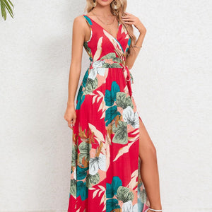 Slit Tied Printed Surplice Dress