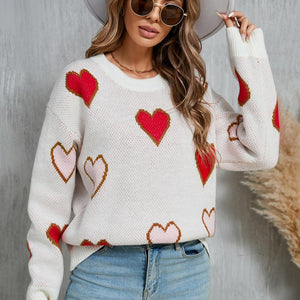 Angel Wings Contrast Heart Round Neck Long Sleeve Sweater