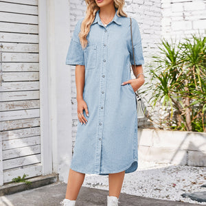 Button Up Dropped Shoulder Denim Dress