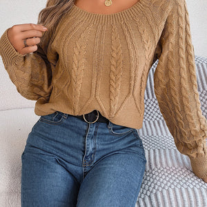 Cable-Knit Round Neck Long Sleeve Sweater