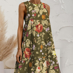 FAM-FAM Tiered Printed Round Neck Sleeveless Dress