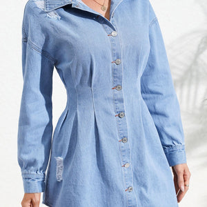 Distressed Button Up Long Sleeve Denim Dress