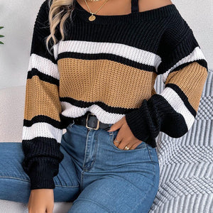 Color Block Asymmetrical Neck Long Sleeve Sweater