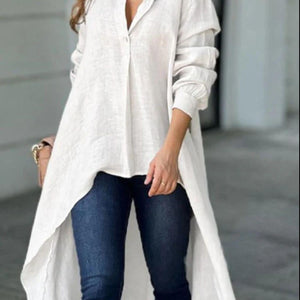 Full Size High-Low Collared Neck Long Sleeve Shirt