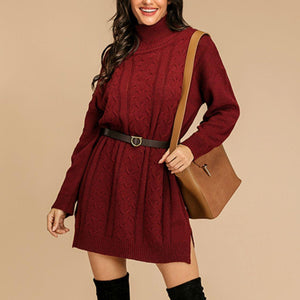 Perfee Slit Turtleneck Long Sleeve Mini Sweater Dress