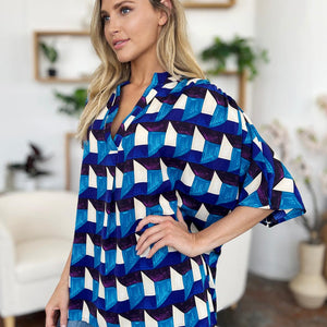 Double Take Full Size Geometric Notched Half Sleeve Blouse