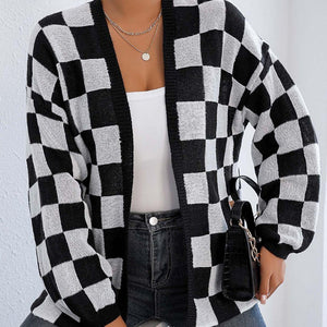 Checkered Open Front Long Sleeve Cardigan