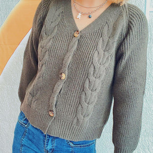 Cable-Knit V-Neck Button Down Long Sleeve Cardigan