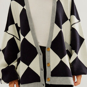 Checkered Button Up Long Sleeve Cardigan