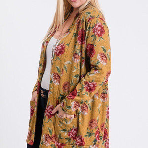 Plus Size Flower Print Pocket Flower Print Hacci Cardigan