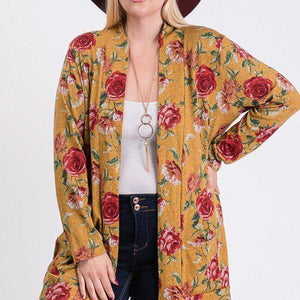 Plus Size Flower Print Pocket Flower Print Hacci Cardigan