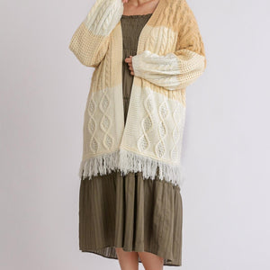 Patchwork Knitted Open Front Cardigan Sweater With Frayed Hem