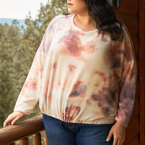 Plus Cream Rust Bleached Tie-dye Long Sleeve Drawstring Detail Relaxed Sweatshirt