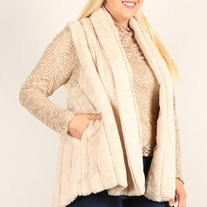 Plus Size Faux Fur Vest Jacket With Open Front, Hi-lo Hem, And Pockets