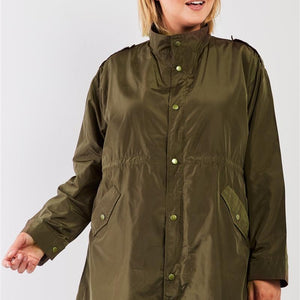 Plus Size Glossy Drawstring Hem Button-down Coach Jacket