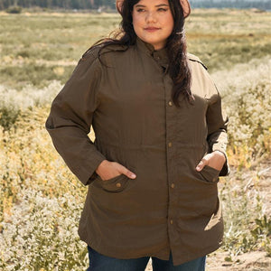 Plus Size Glossy Drawstring Hem Button-down Coach Jacket