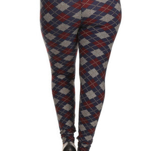 Plus Size Plaid Graphic Printed Knit Legging With Elastic Waist Detail