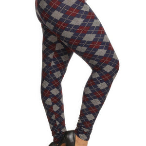 Plus Size Plaid Graphic Printed Knit Legging With Elastic Waist Detail