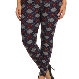 Plus Size Plaid Graphic Printed Knit Legging With Elastic Waist Detail