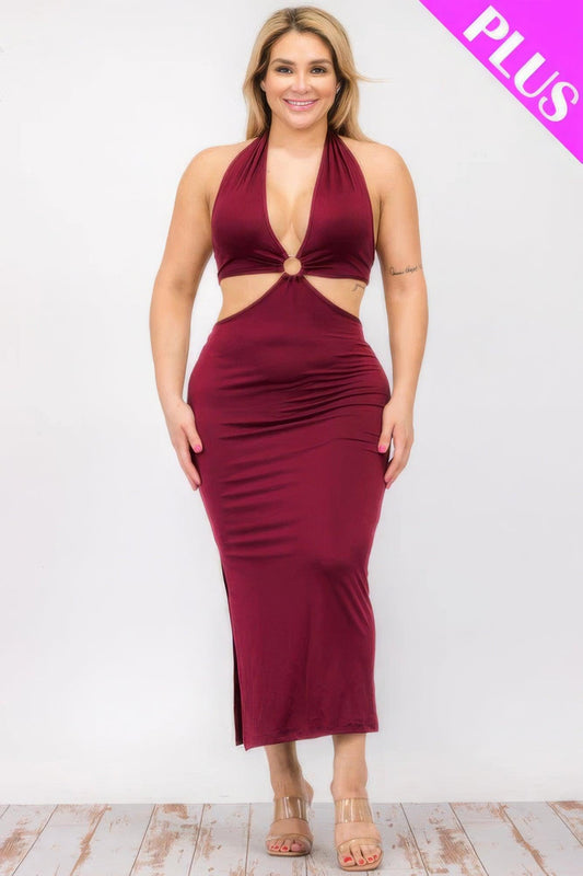 Plus Size Cut-out Halter Neck Double Back Tie Split Thigh Midi Dress