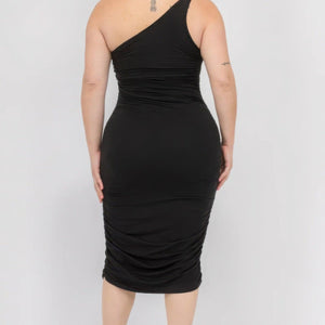 Plus Size Sexy Solid Color Ruched One Shoulder Midi Bodycon Dress