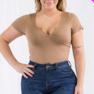 Plus Size Casual Split Neck Solid Short Sleeve Bodysuit