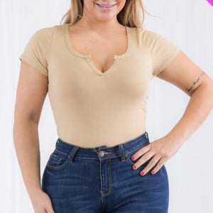 Plus Size Casual Split Neck Solid Short Sleeve Bodysuit