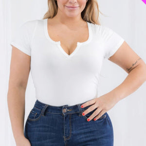 Plus Size Casual Split Neck Solid Short Sleeve Bodysuit