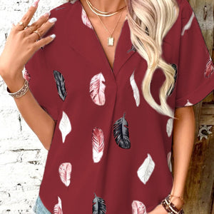 Full Size Printed Collared Neck Short Sleeve Blouse