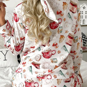 Printed Collared Neck Top and Pants Lounge Set
