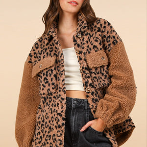 VERY J Fuzzy Leopard Button Down Long Sleeve Jacket