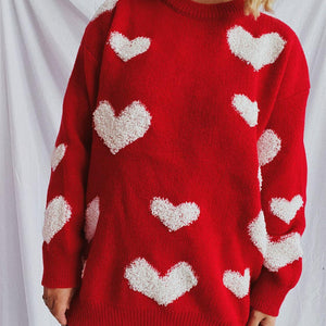 Heart Round Neck Dropped Shoulder Sweater