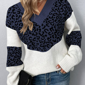 Leopard V-Neck Dropped Shoulder Sweater