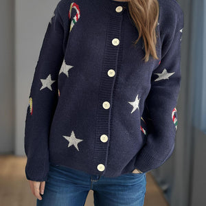 Candy Cane & Star Button Down Long Sleeve Cardigan