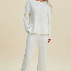 Double Take Full Size Cable-Knit Long Sleeve Top and Pants Set