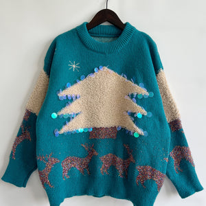 Sequin Christmas Tree & Reindeer Round Neck Sweater