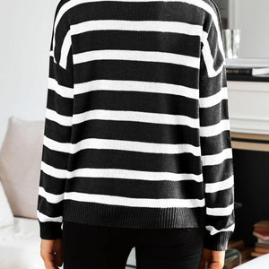 Many Striped Johnny Collar Long Sleeve Sweater