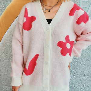 Flower Button Down V-Neck Long Sleeve Cardigan